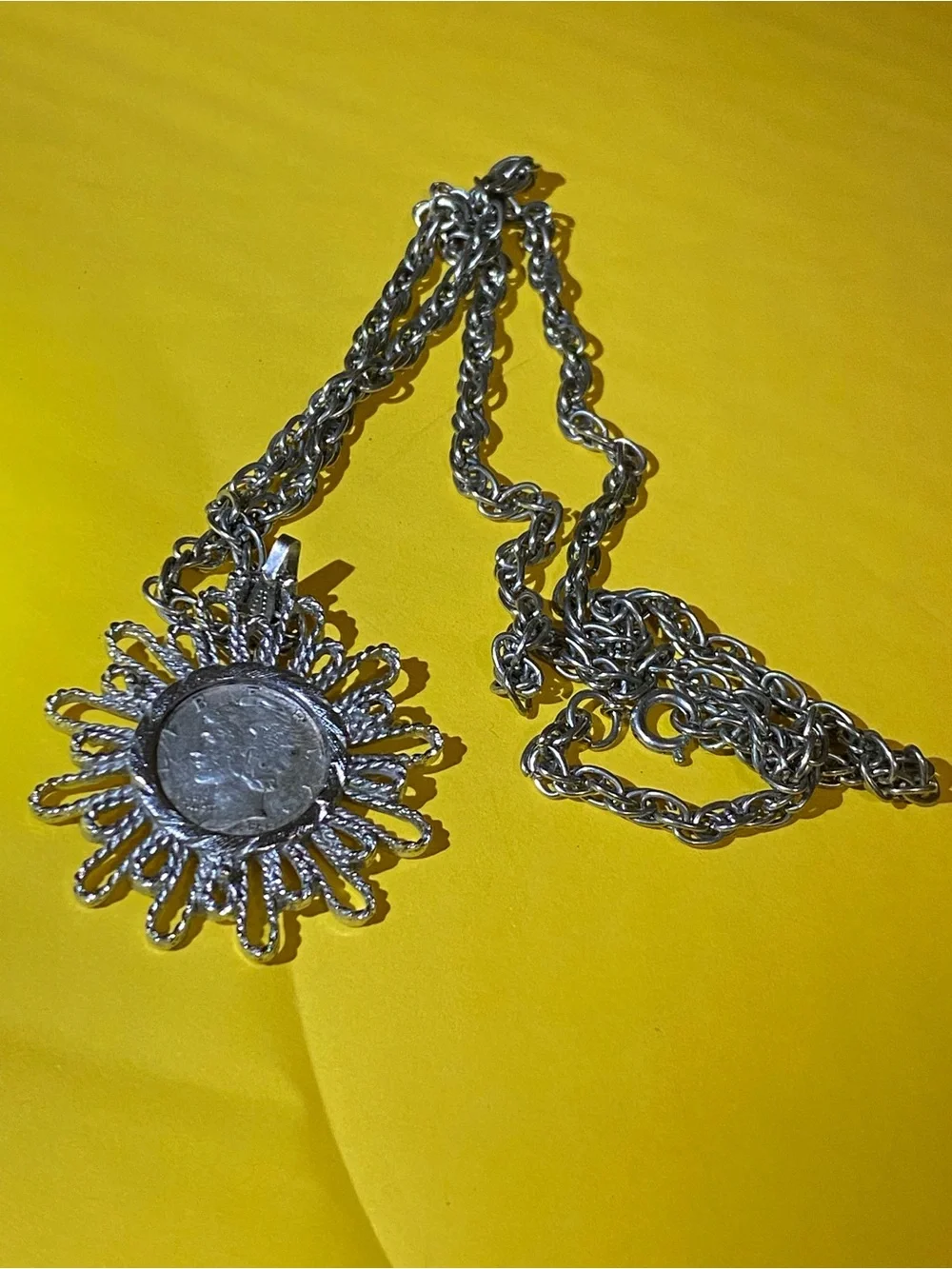 1942 Mercury Silver Dime In Starburst Pendant With Chain